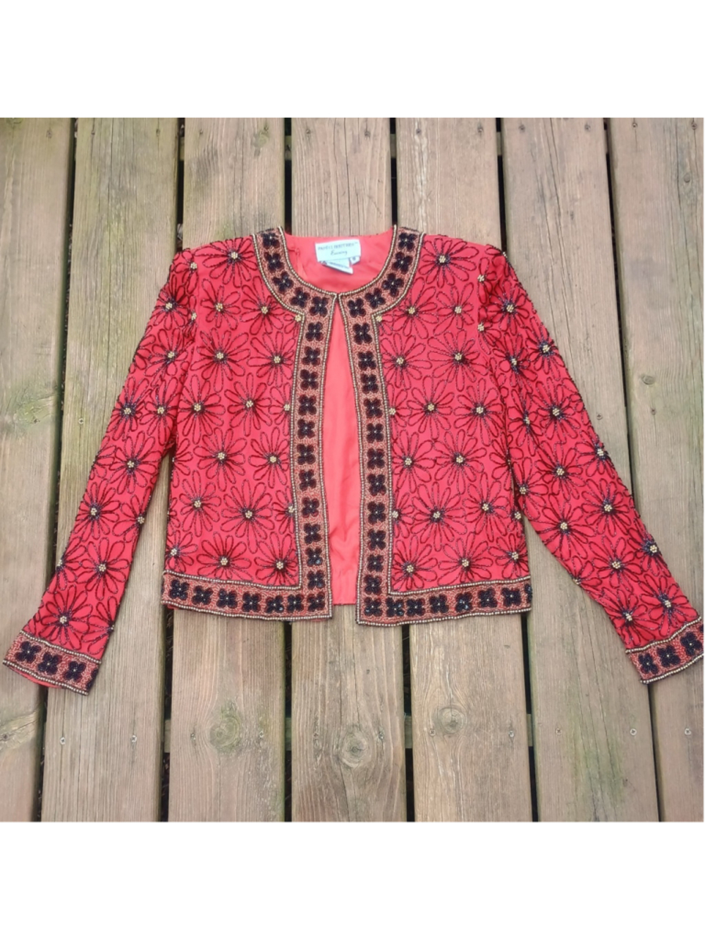 Vintage Papell Boutique Floral Beaded 100% Silk Evening Jacket Red & Black Size